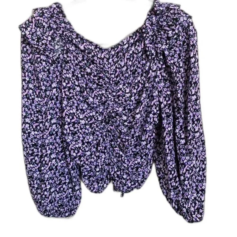 Zara Purple top floral long sleeve front drawstring size S boho bohemian